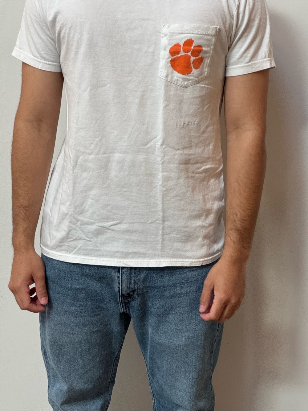 Clemson University Vintage White Pocket Tee with Orange Paw Graphic